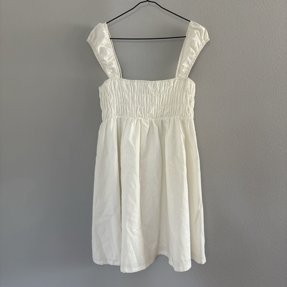 white linen dress with smocked back and stretchable waist